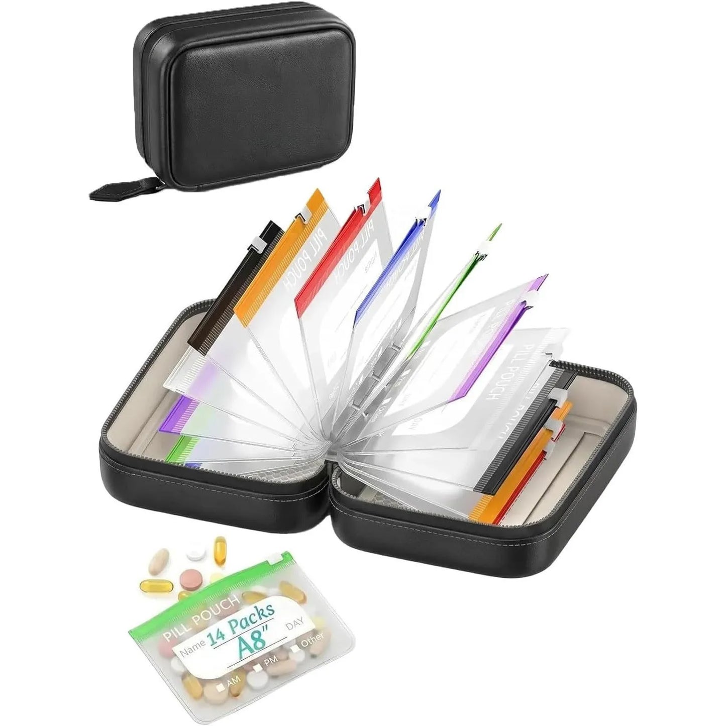 πA8 Waterproof 14-Pouch Weekly Pill Organizer, Color-Coded Travel Storage for Vitamins & Supplements
