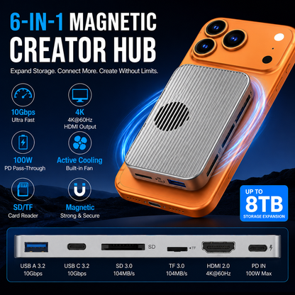 🔥6-in-1 Magnetic NVMe SSD Enclosure Hub – 10Gbps, 4K HDMI & 100W PD