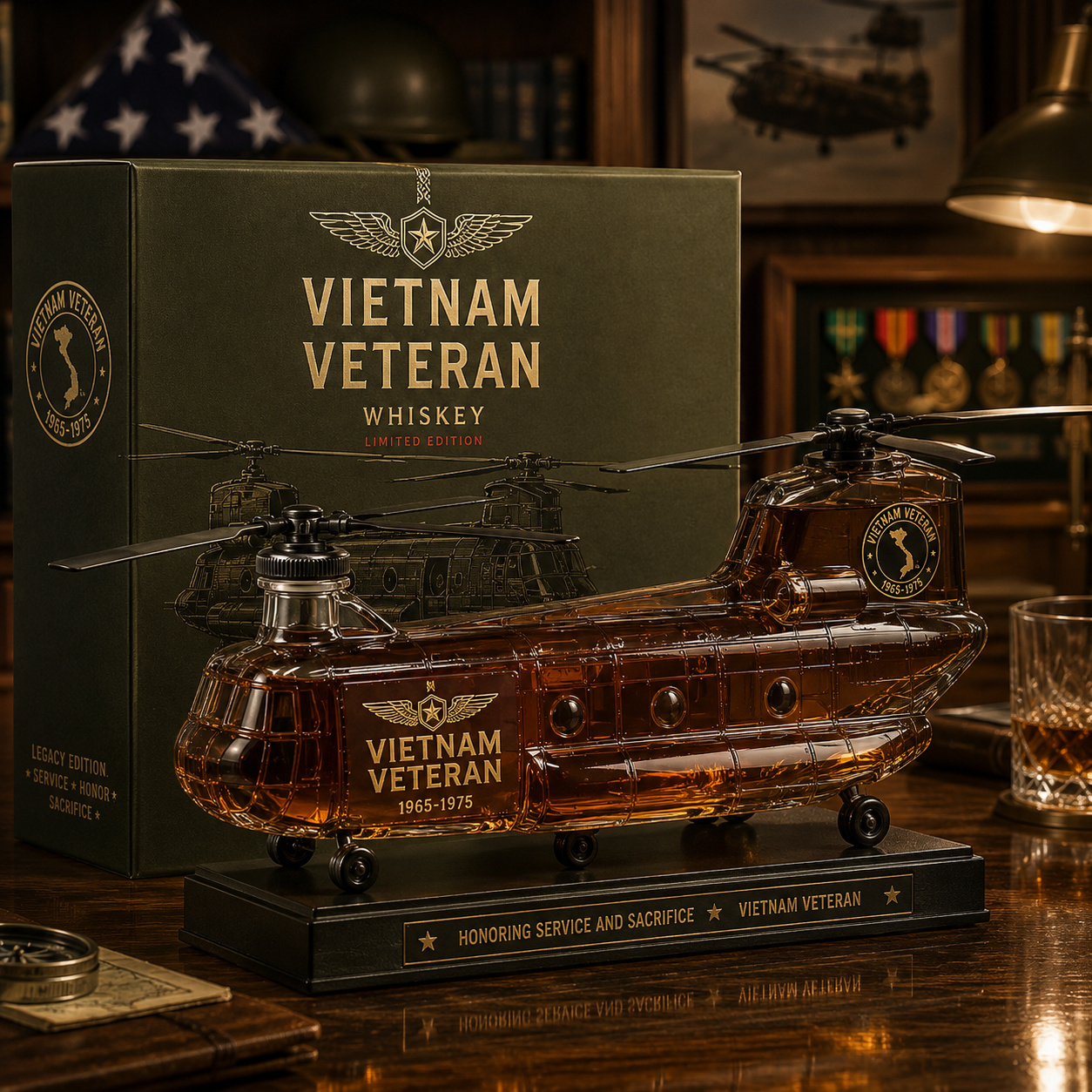 🚁🎖️Vietnam Veteran CH-47 Whiskey Decanter – A Tribute to Service, Sacrifice & Legacy