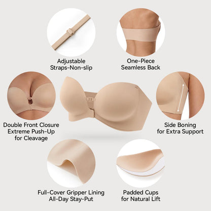 🎒 Back-to-School Deal ✨ Strapless Push-Up Bra with Front Closure, Padded Lift & Non-Slip Support 💕