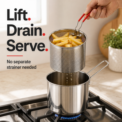 🔥HOT SALE 50% OFF🍟 Personal Mini Deep Fryer Set – Stainless Steel Pot with Lift-Out Draining Basket & Food Tongs