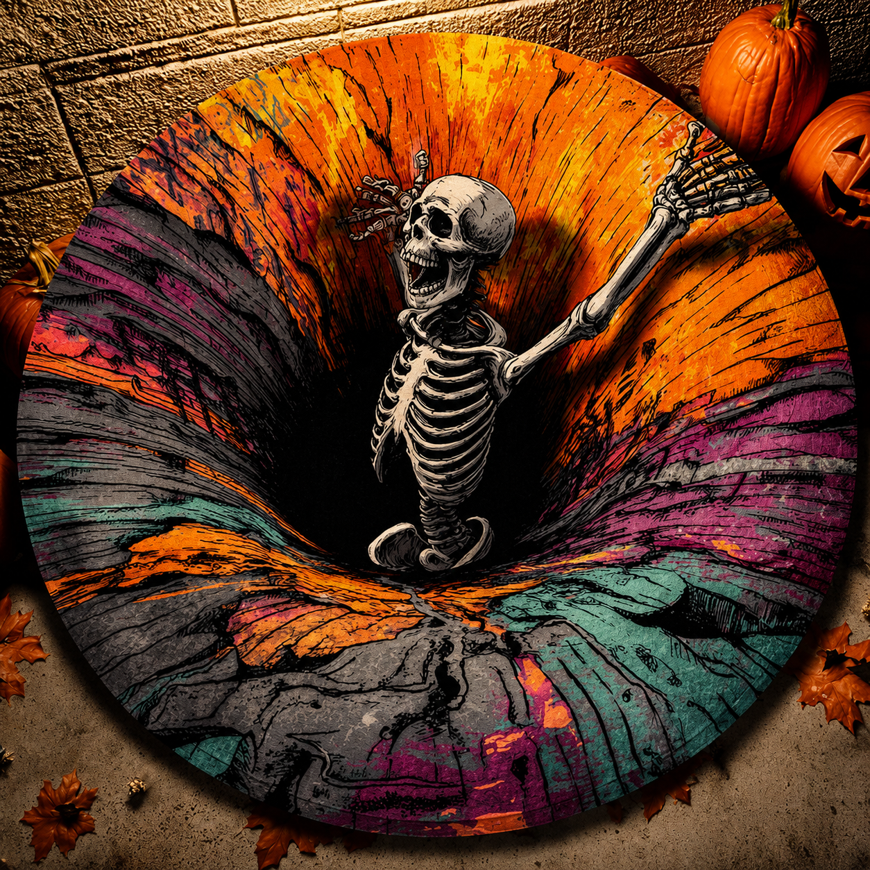 3D Skeleton Vortex Quilted Round Halloween Rug