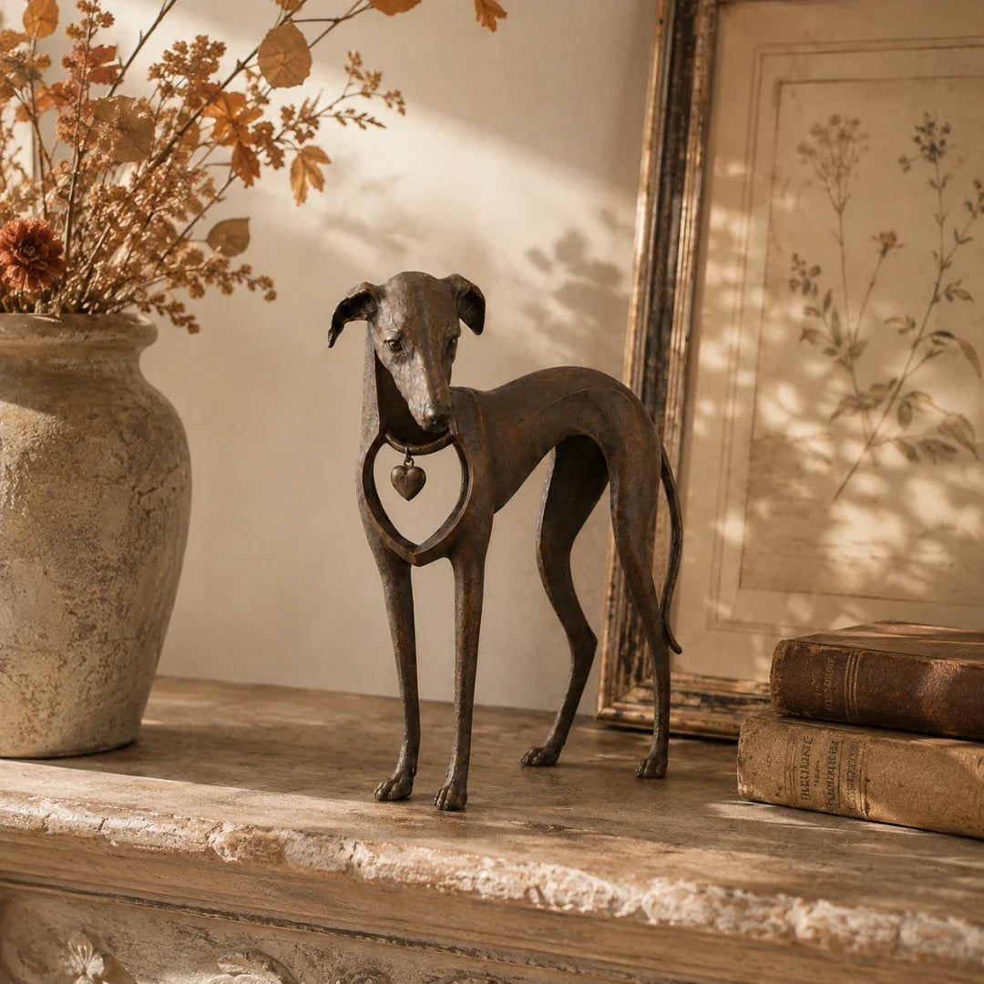 Heritage Heart Sighthound Sculpture – Vintage Iron Dog Accent for Timeless Interiors