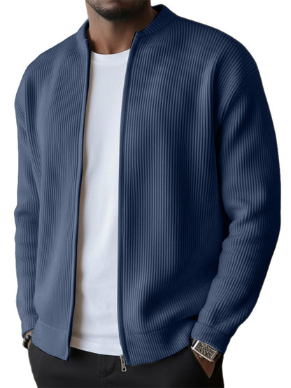 Men's Simple Casual Ribbed Stand Collar Zipper  Long Sleeved Jacket