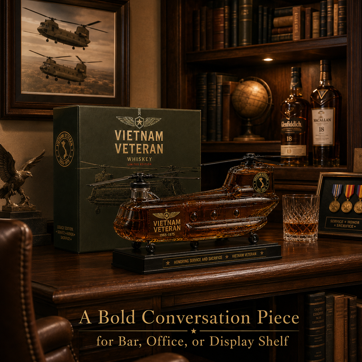 🚁🎖️Vietnam Veteran CH-47 Whiskey Decanter – A Tribute to Service, Sacrifice & Legacy