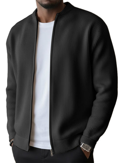 Men's Simple Casual Ribbed Stand Collar Zipper  Long Sleeved Jacket