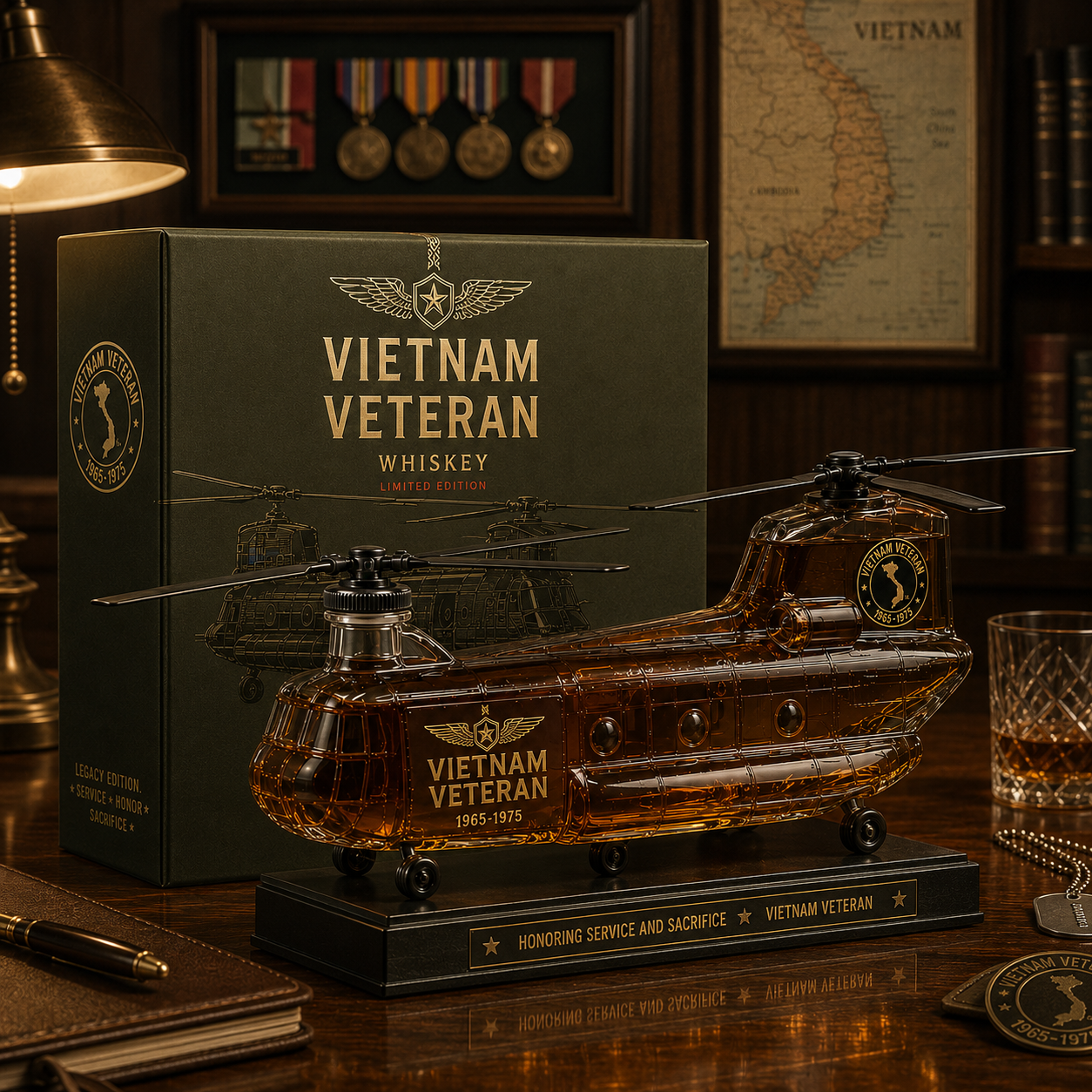 🚁🎖️Vietnam Veteran CH-47 Whiskey Decanter – A Tribute to Service, Sacrifice & Legacy