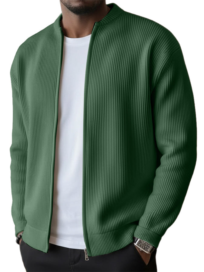 Men's Simple Casual Ribbed Stand Collar Zipper  Long Sleeved Jacket