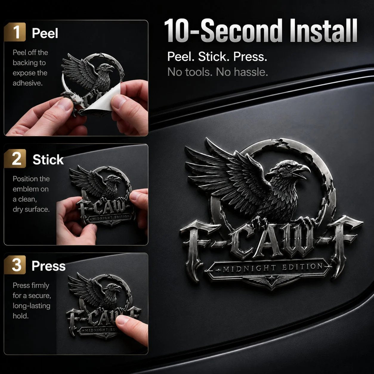 🦅 F-CAW-FTM Midnight Edition Metal Emblem - Premium Raven Badge For Drivers With Attitude