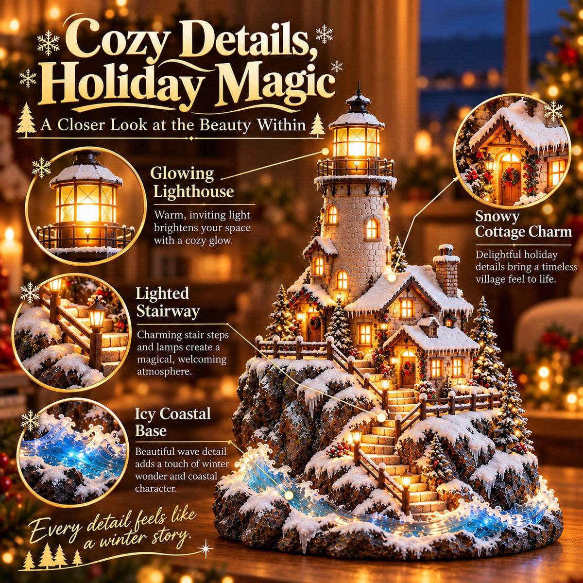 ❄️ Winter Lighthouse Cottage Glow — Lighted Coastal Christmas Village ✨