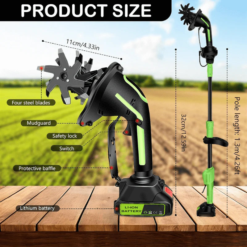 Cordless yard trimmer finishing a clean lawn edge