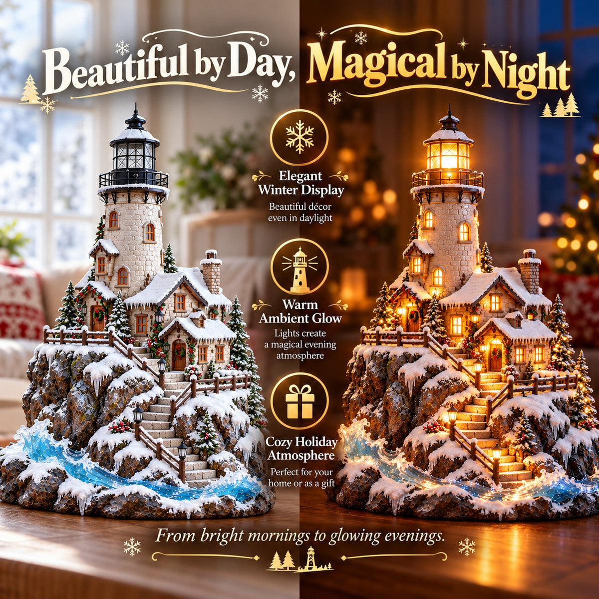 ❄️ Winter Lighthouse Cottage Glow — Lighted Coastal Christmas Village ✨