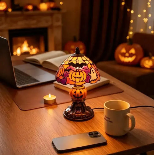 Retro Pumpkin & Bat Halloween Table Lamp
