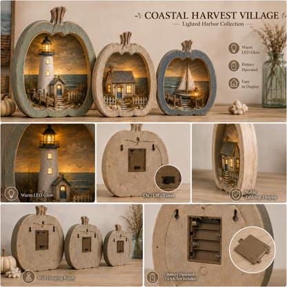 🌊🎃 Lighted Coastal Harvest Village – 3-Piece Seaside Pumpkin Décor Set