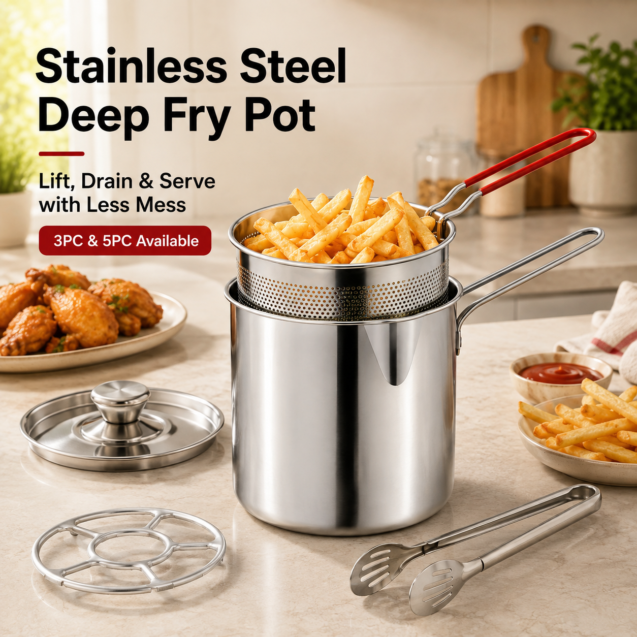 🔥HOT SALE 50% OFF🍟 Personal Mini Deep Fryer Set – Stainless Steel Pot with Lift-Out Draining Basket & Food Tongs
