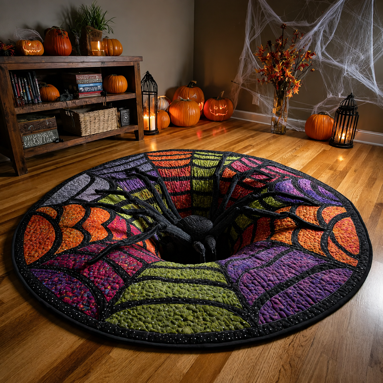 3D Skeleton Vortex Quilted Round Halloween Rug