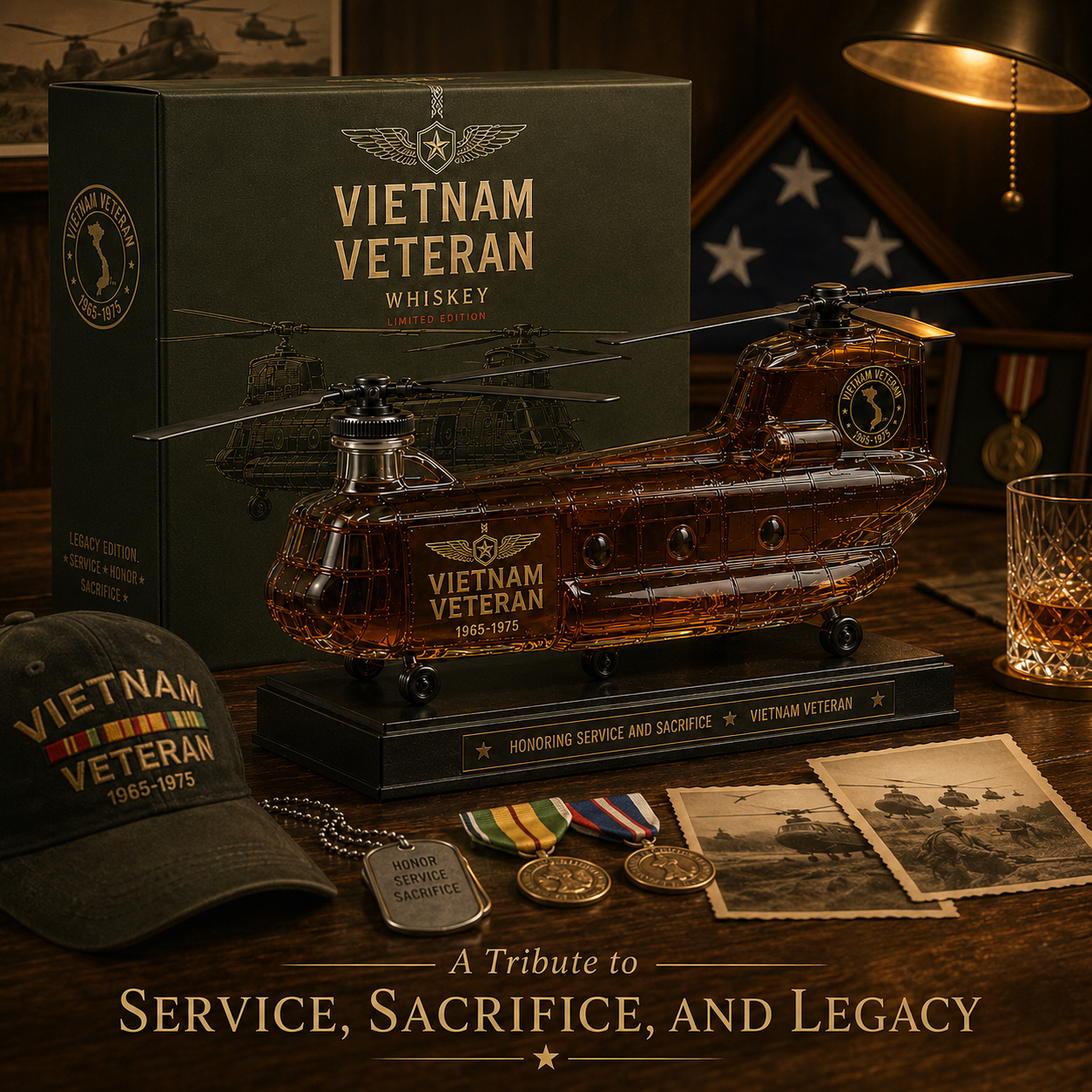 🚁🎖️Vietnam Veteran CH-47 Whiskey Decanter – A Tribute to Service, Sacrifice & Legacy