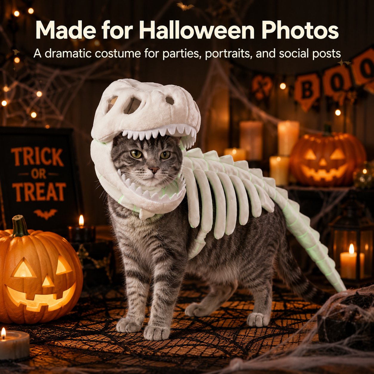 Glow in the Dark Dinosaur Skeleton Cat Costume