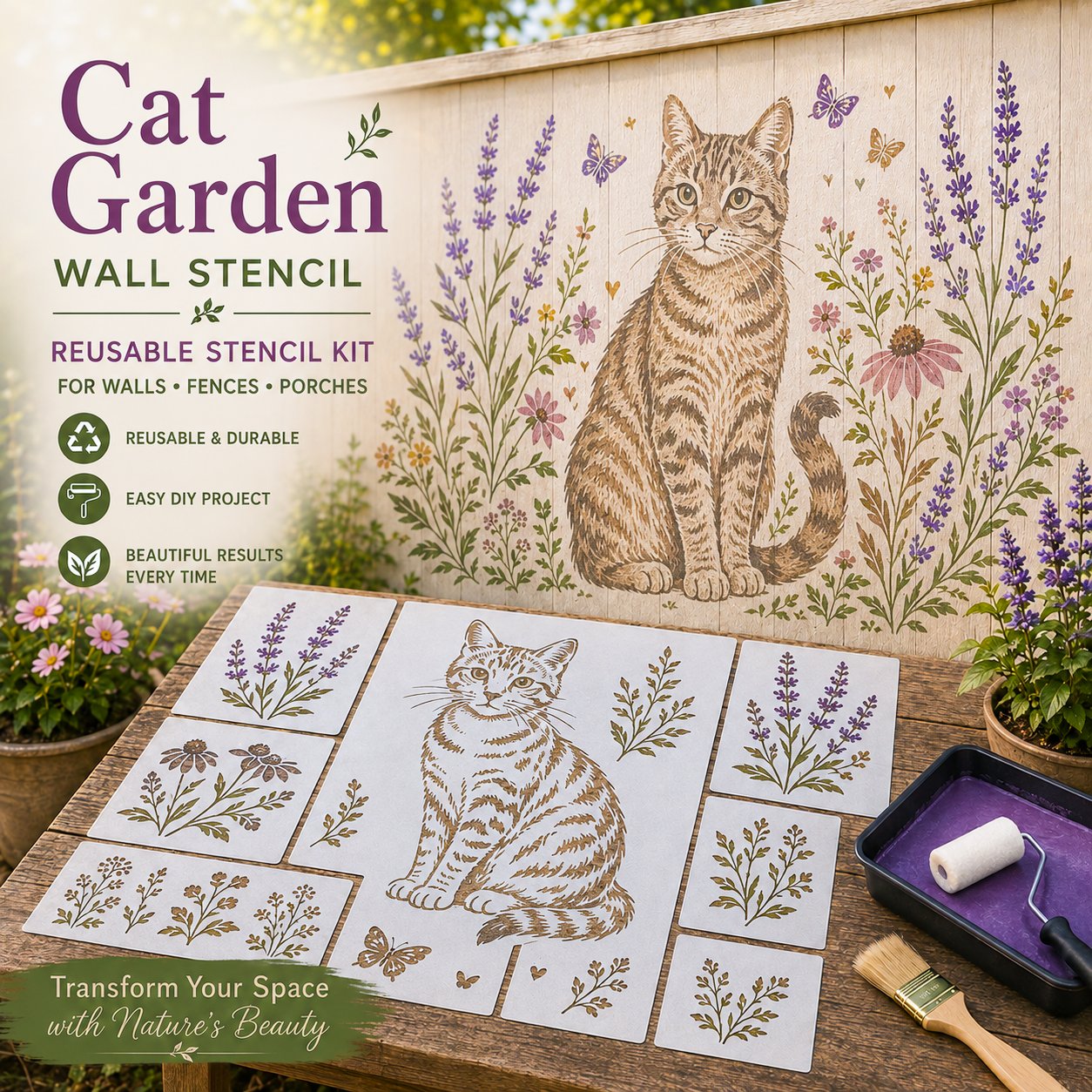 🔥 LAST DAY 49% OFF – 🌿Reusable Animal Garden Wall Stencil Kit | Bring Plain Walls, Fences & Porches to Life with Charming Animal & Floral Murals 🐾🌸✨