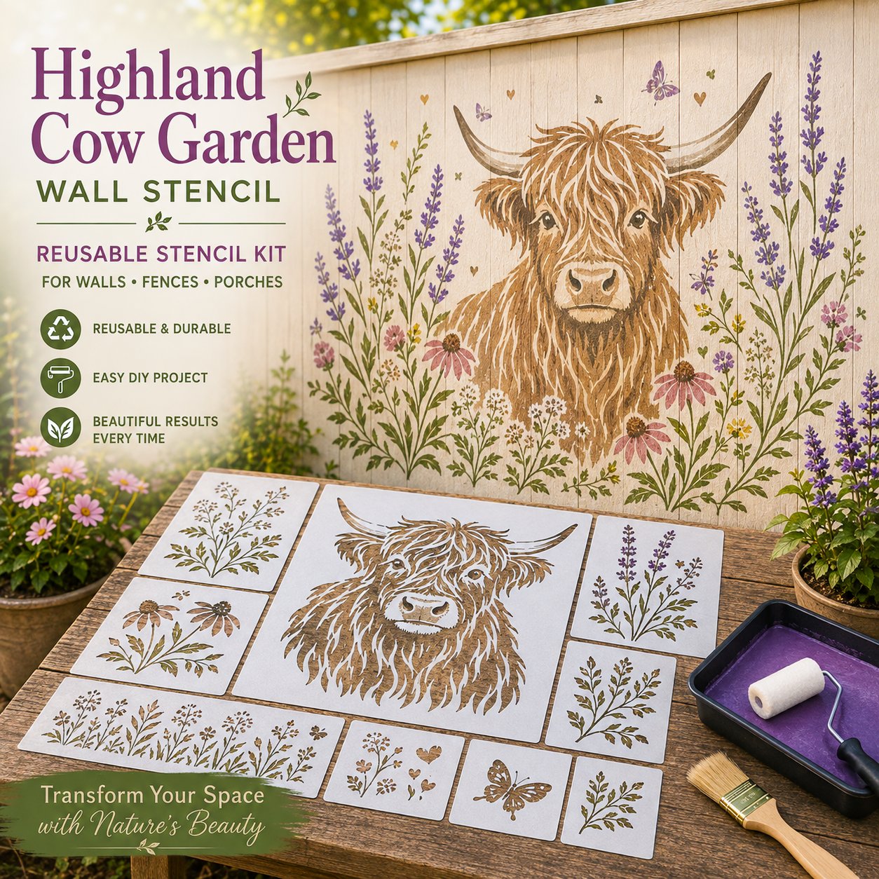 🔥 LAST DAY 49% OFF – 🌿Reusable Animal Garden Wall Stencil Kit | Bring Plain Walls, Fences & Porches to Life with Charming Animal & Floral Murals 🐾🌸✨