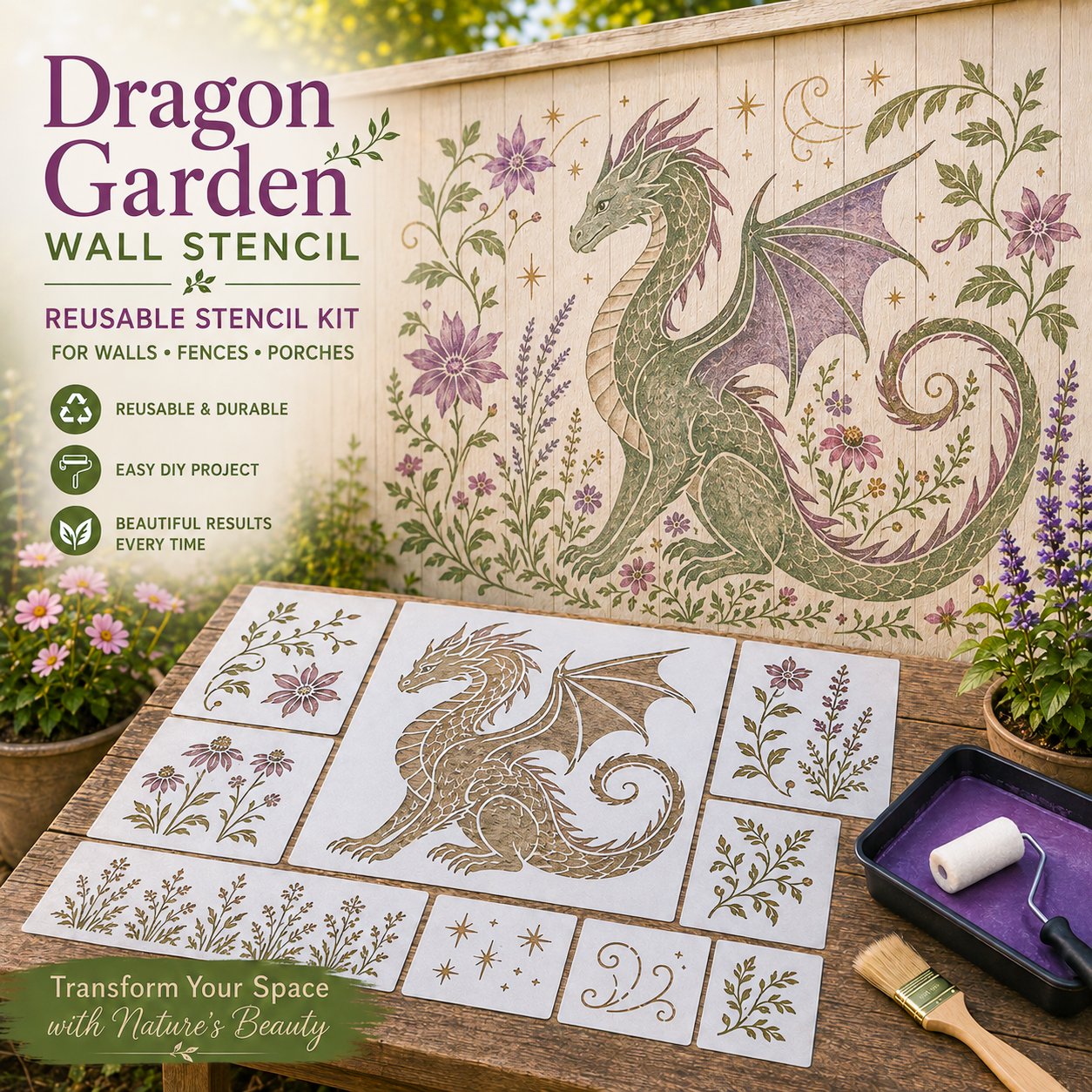 🔥 LAST DAY 49% OFF – 🌿Reusable Animal Garden Wall Stencil Kit | Bring Plain Walls, Fences & Porches to Life with Charming Animal & Floral Murals 🐾🌸✨