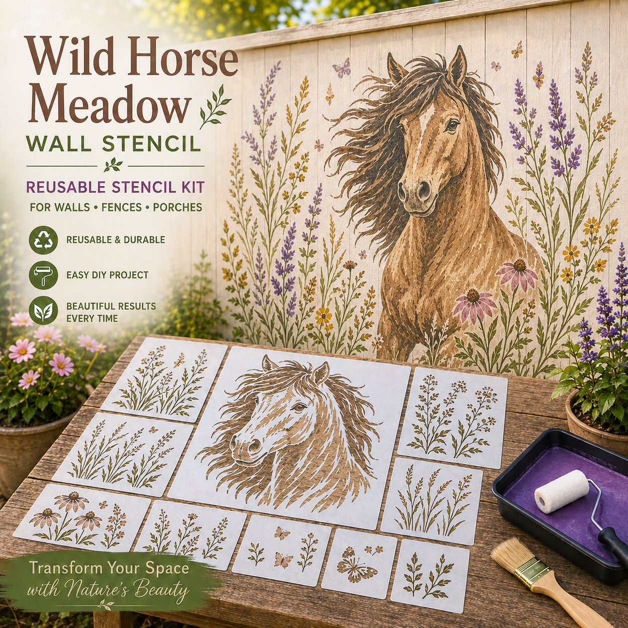 🔥 LAST DAY 49% OFF – 🌿Reusable Animal Garden Wall Stencil Kit | Bring Plain Walls, Fences & Porches to Life with Charming Animal & Floral Murals 🐾🌸✨