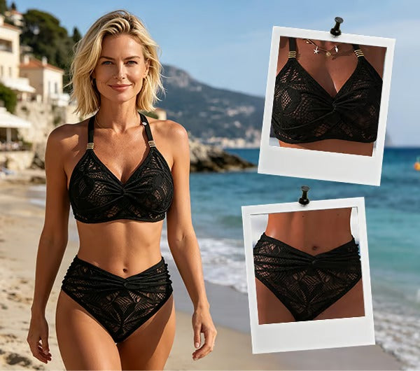 Lace V-Neck Hollow Out Ruched Bikini