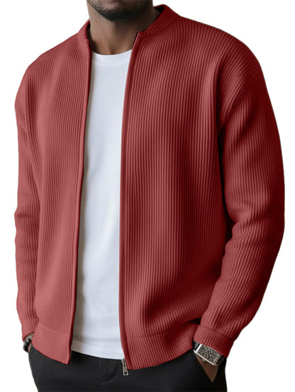 Men's Simple Casual Ribbed Stand Collar Zipper  Long Sleeved Jacket